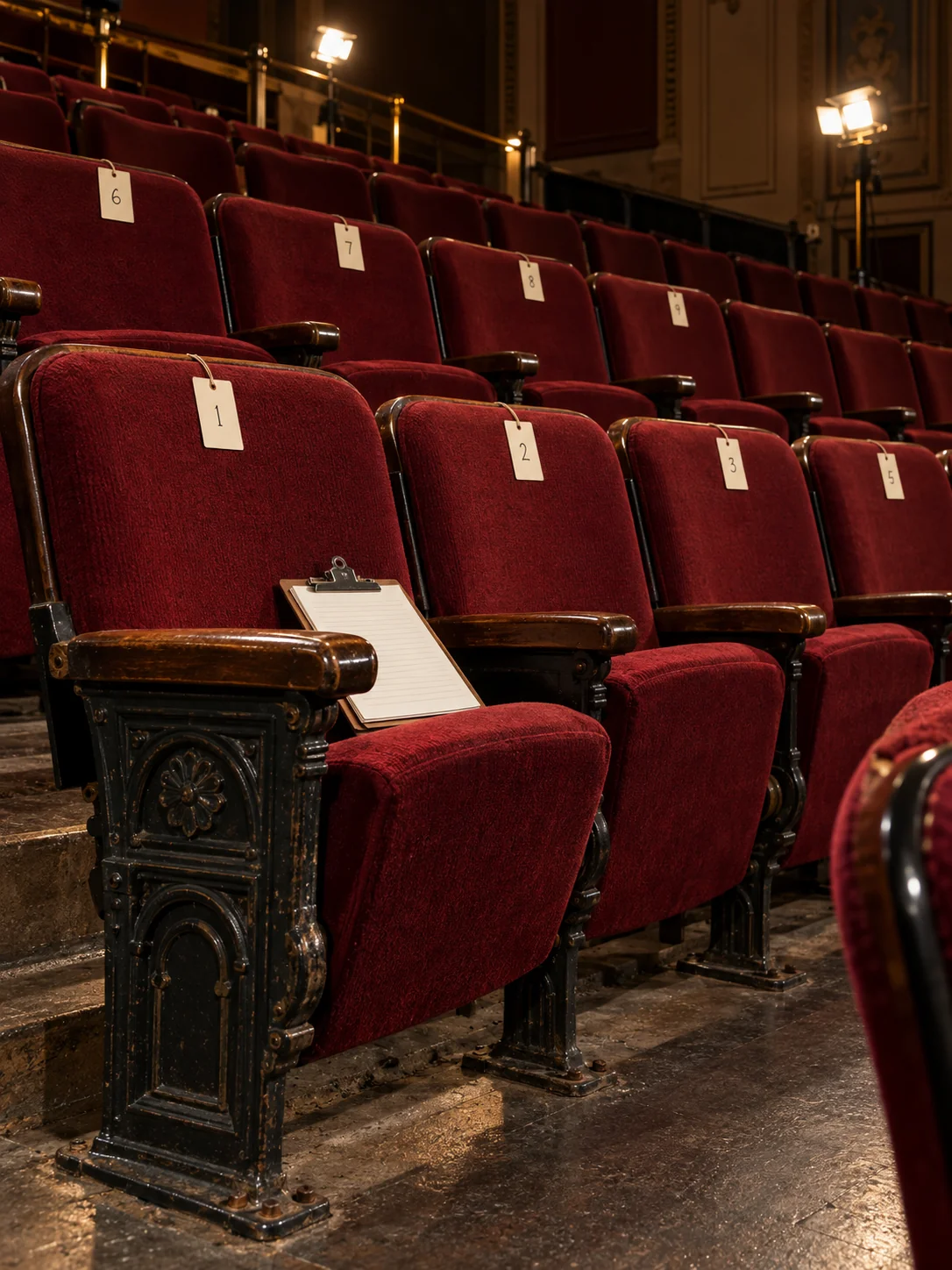 Auditorium seats tagged by row and number during a survey