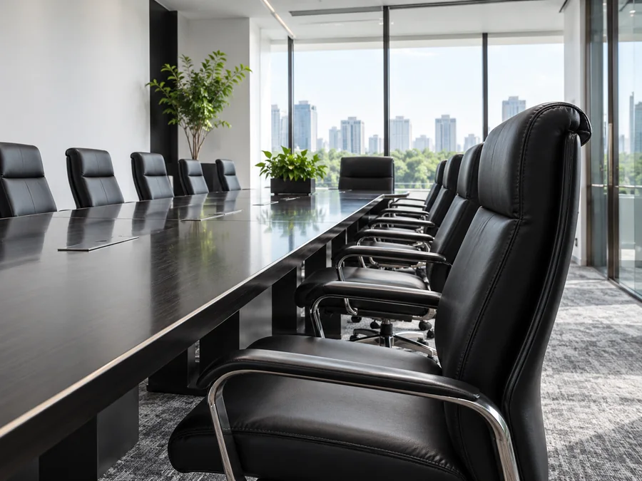 Row of black leather conference room chairs covered by a service agreement