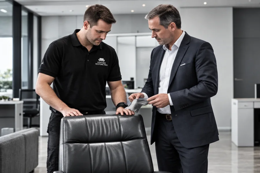 Two managers reviewing stacked leather chairs during a service contract walkthrough