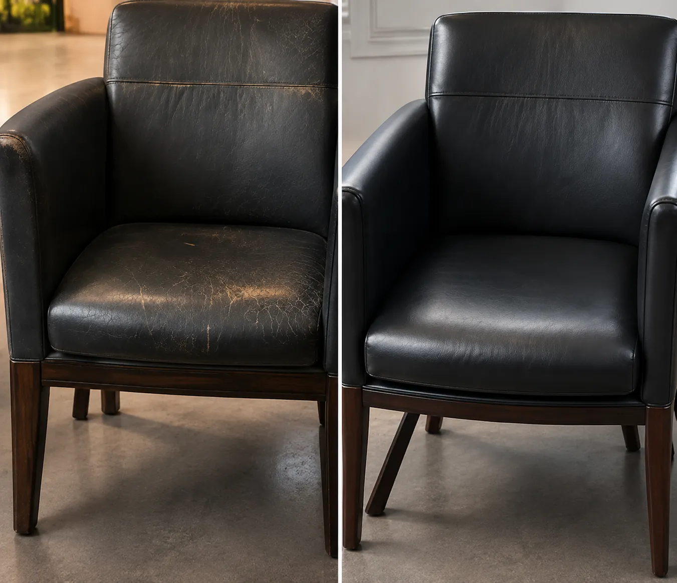 Black leather lobby armchair before and after recoloring