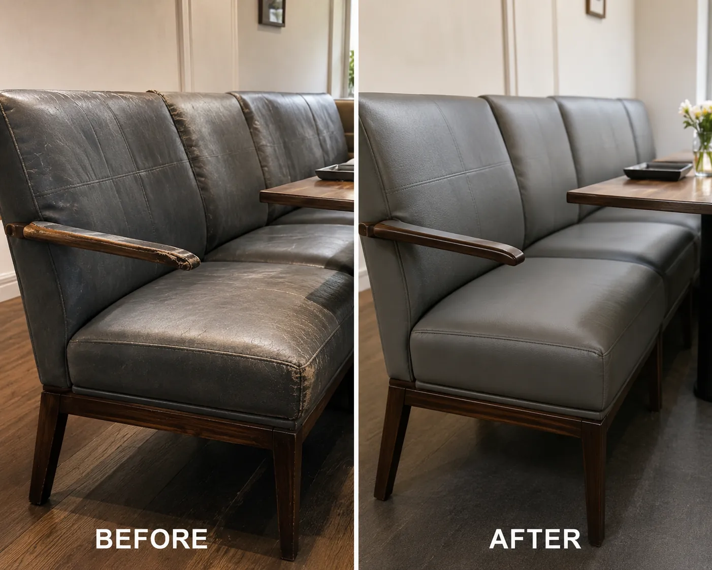 Grey leather banquette run before and after being recovered