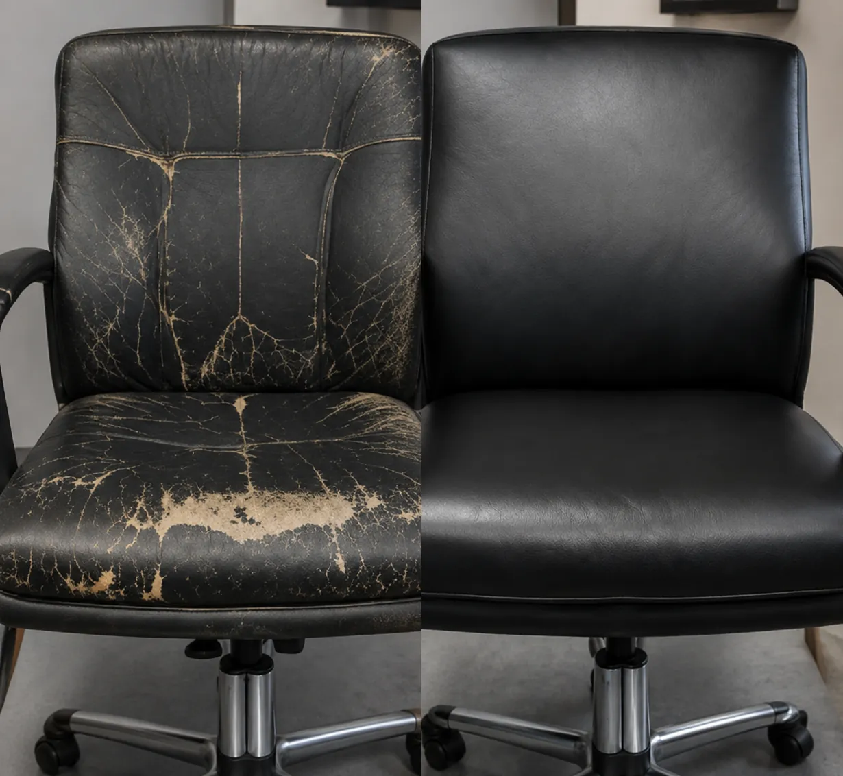 Black leather executive chair before and after being recovered