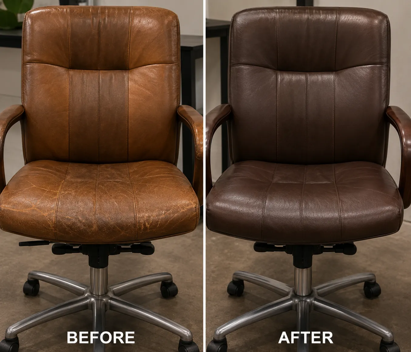 Brown leather office task chair before and after recoloring