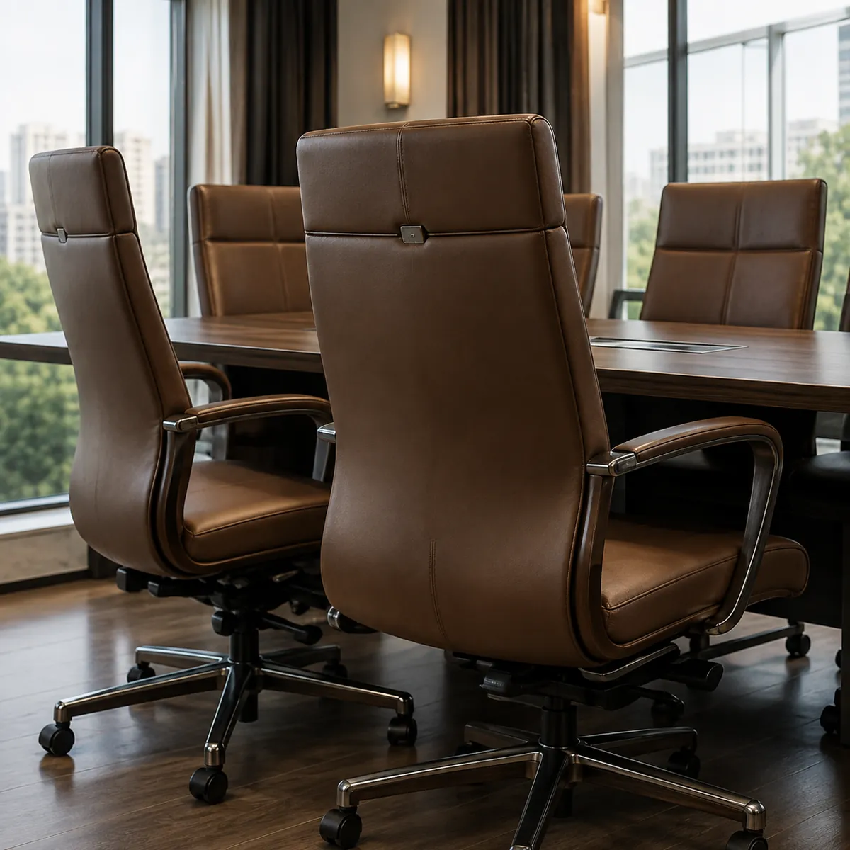 Brown leather boardroom chairs around a conference table