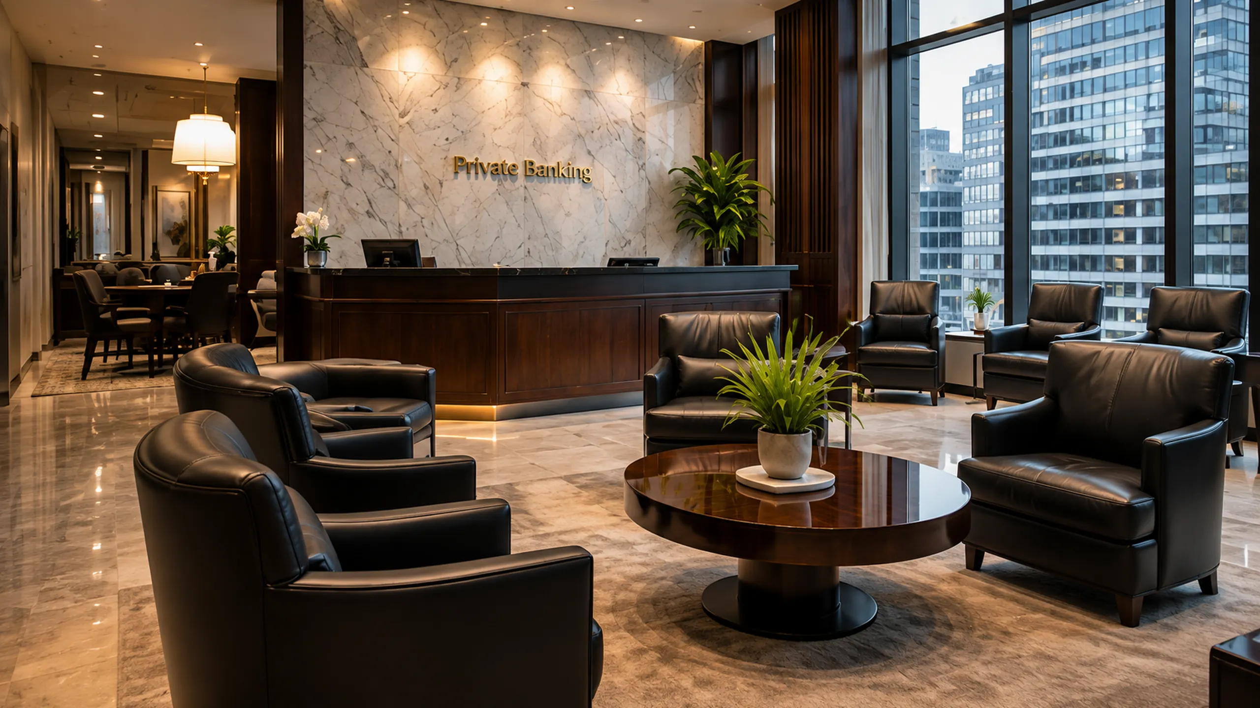 Bank furniture repair NYC: a private banking lobby furnished with matching black leather armchairs