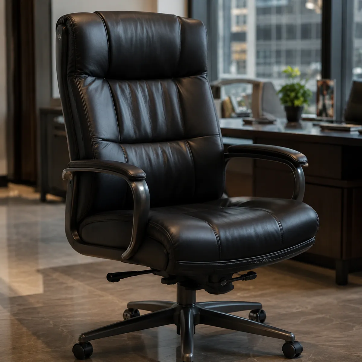 Black leather executive chair in a private banking office