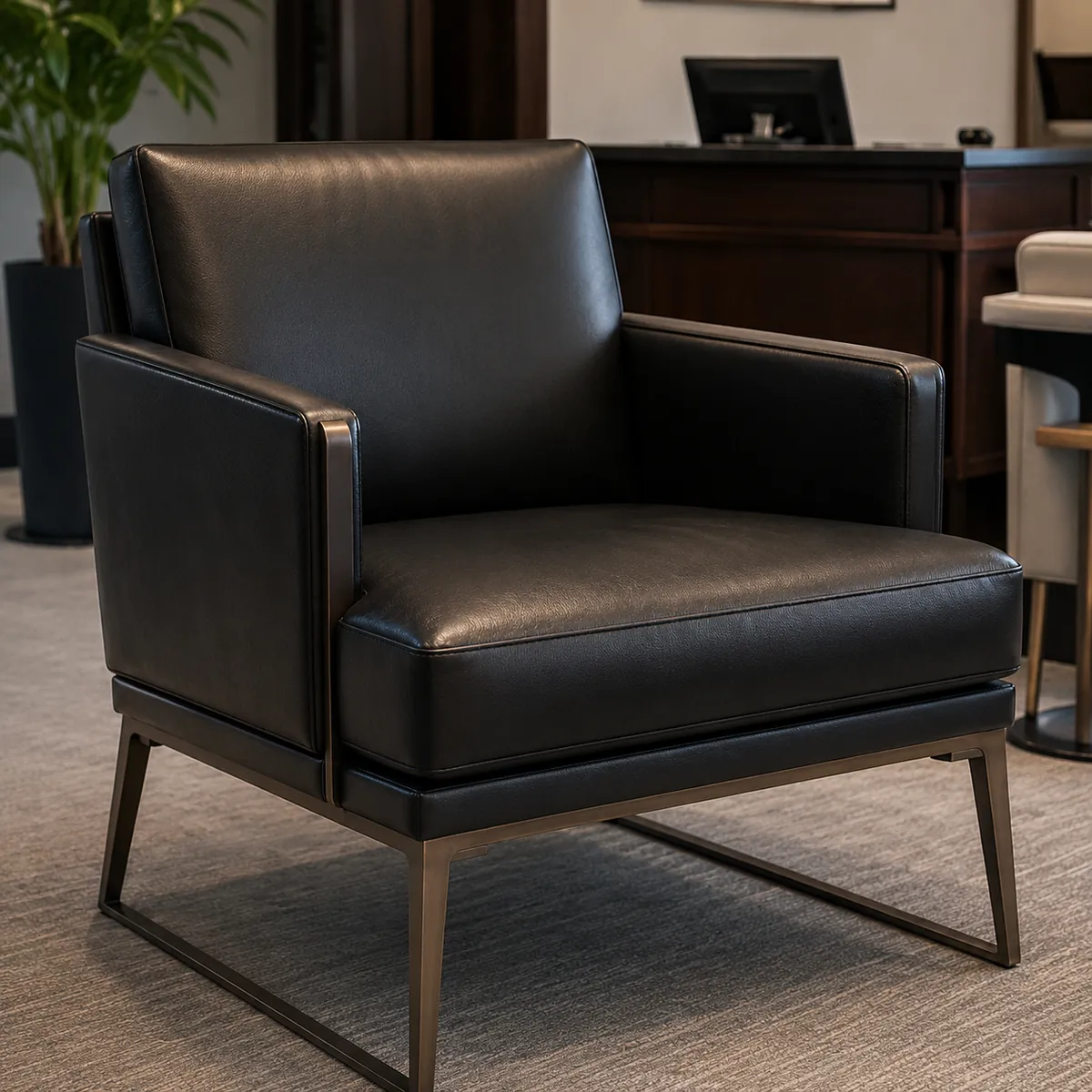 Black leather lobby armchair on a bronze frame in a bank office