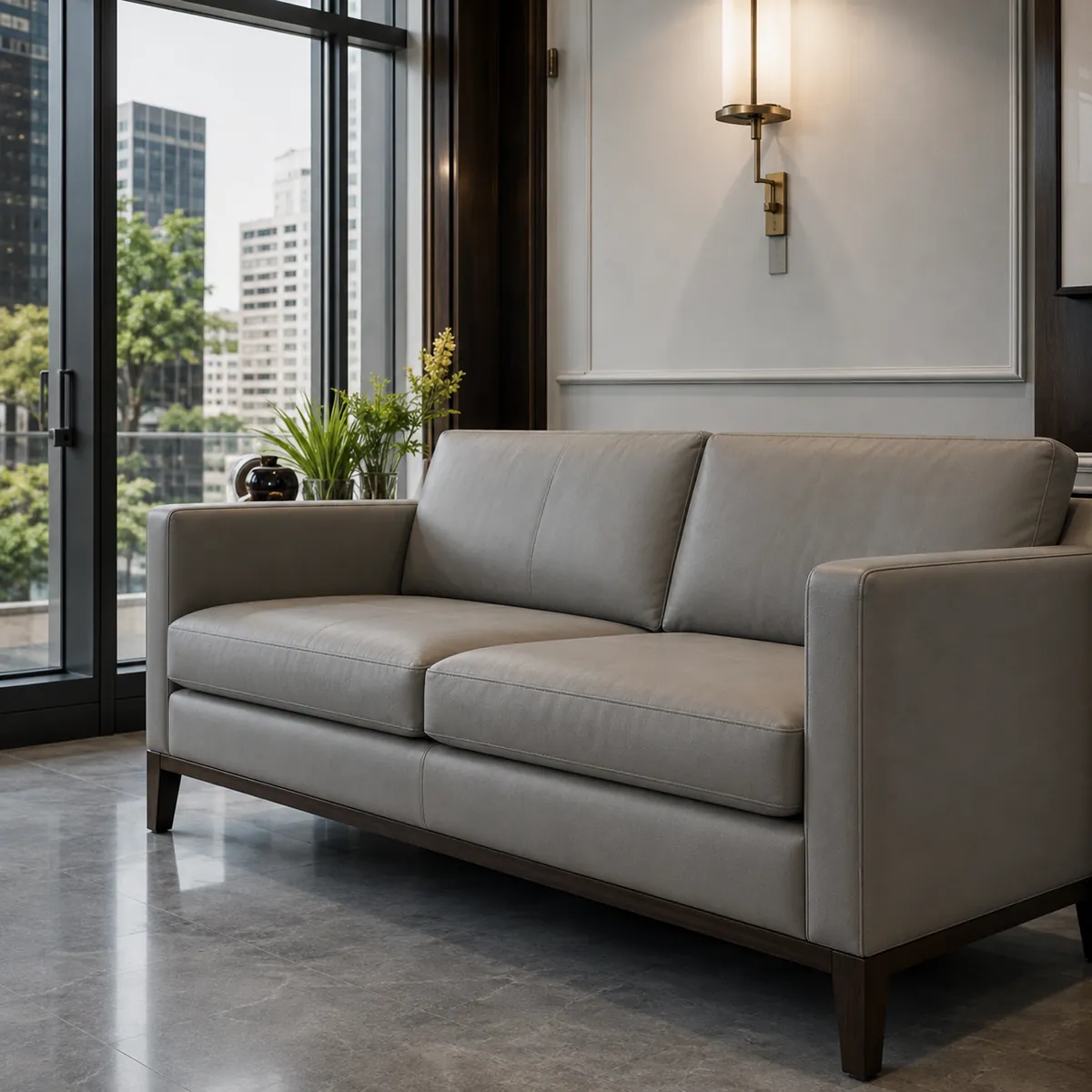 Grey leather sofa in a bank waiting area beside a window