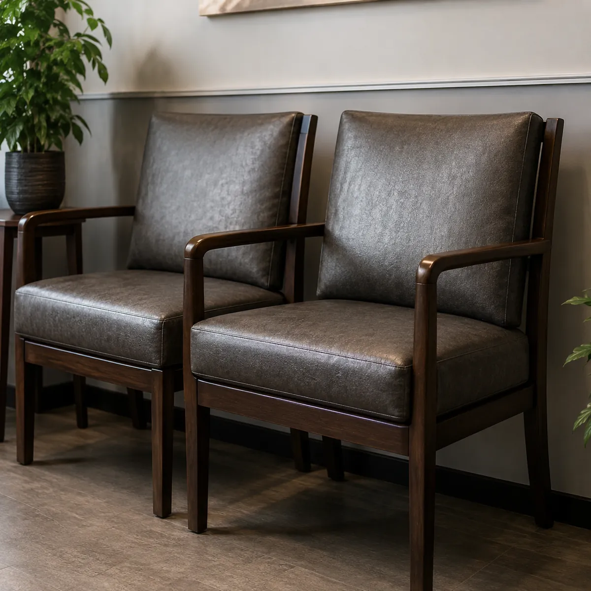 Two grey leather guest chairs with wood arms in a bank waiting area