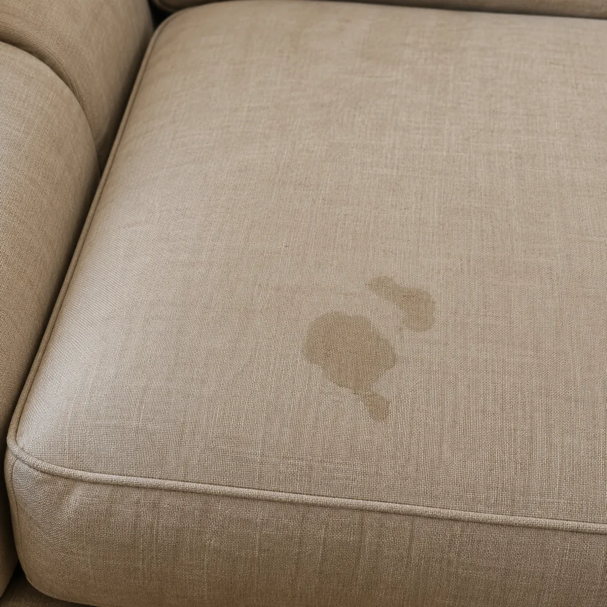Beige woven fabric seat cushion with a set-in stain