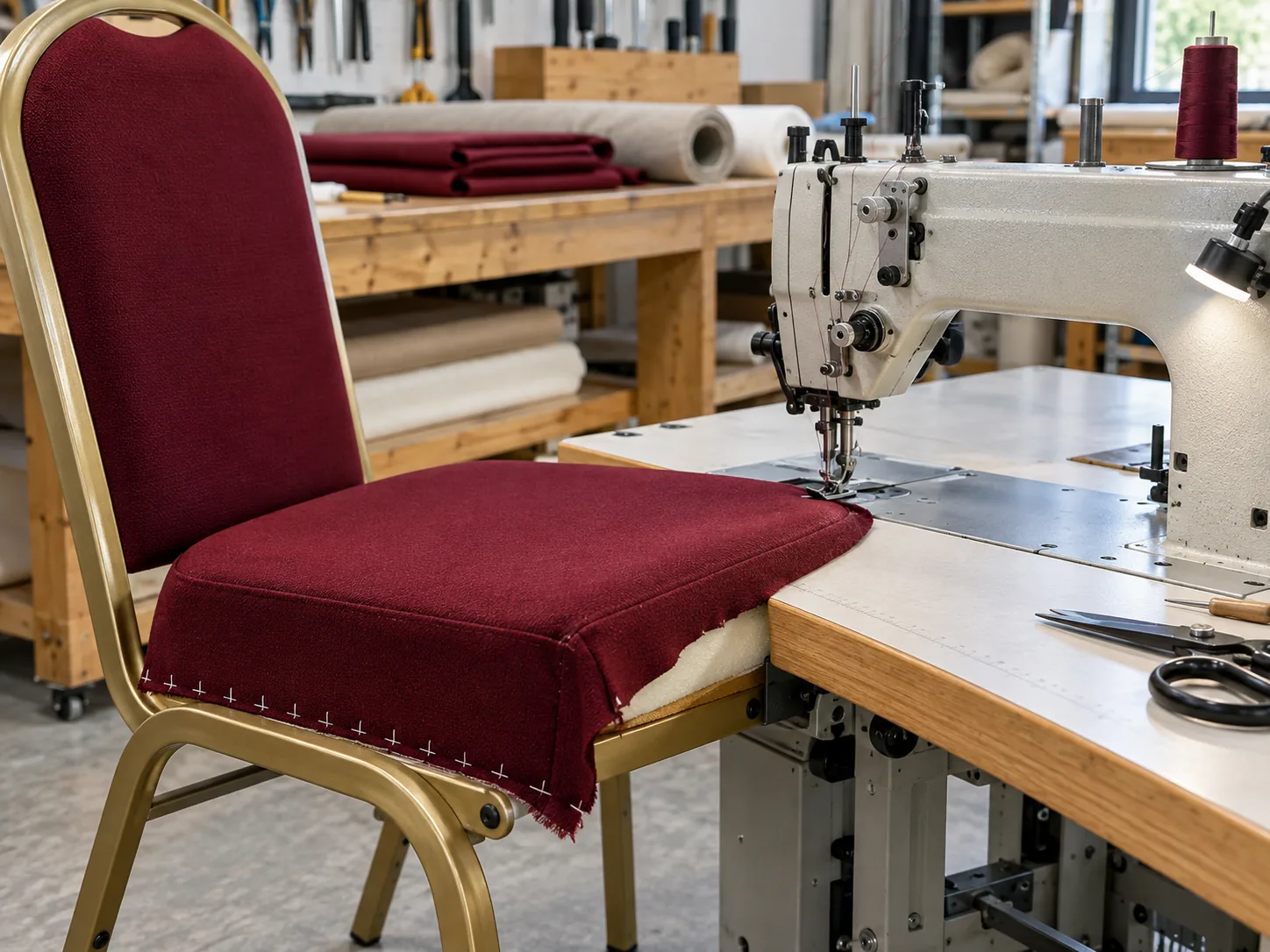 A banquet chair cover being sewn on an industrial machine