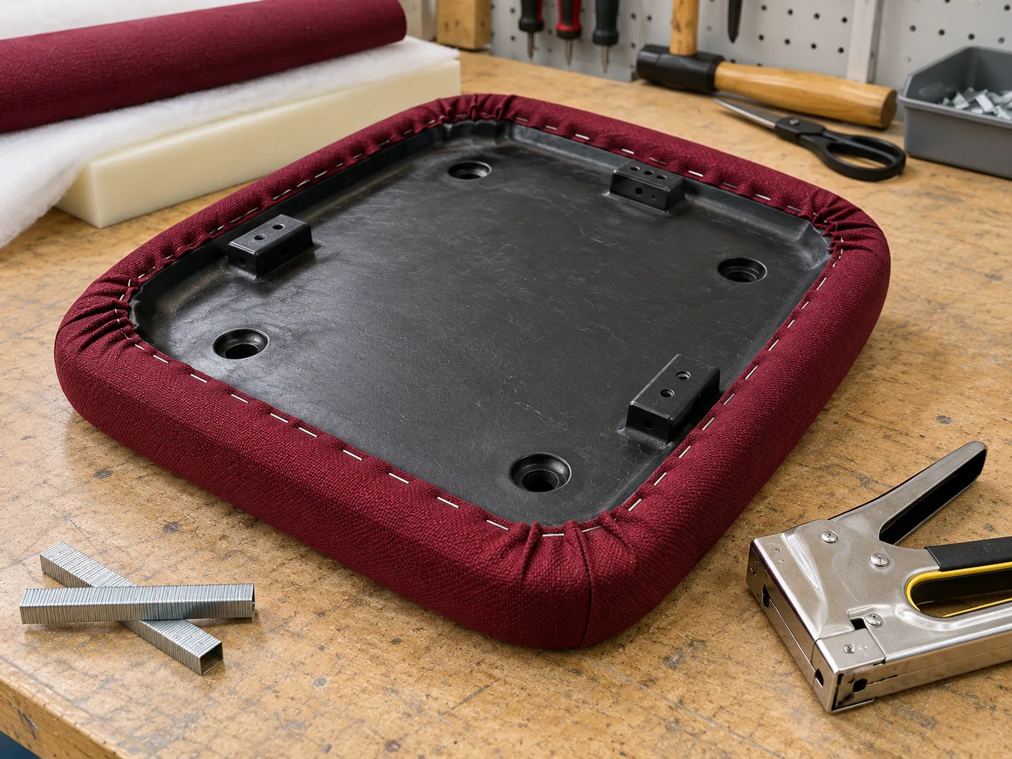 A new cover being stapled to a banquet chair seat pan