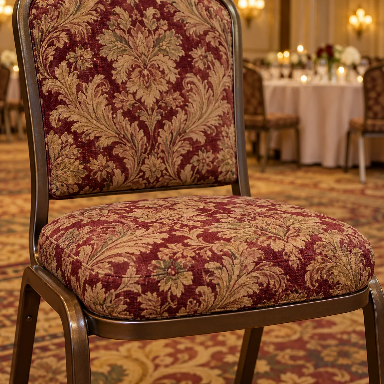 A banquet chair seat in a dated patterned fabric