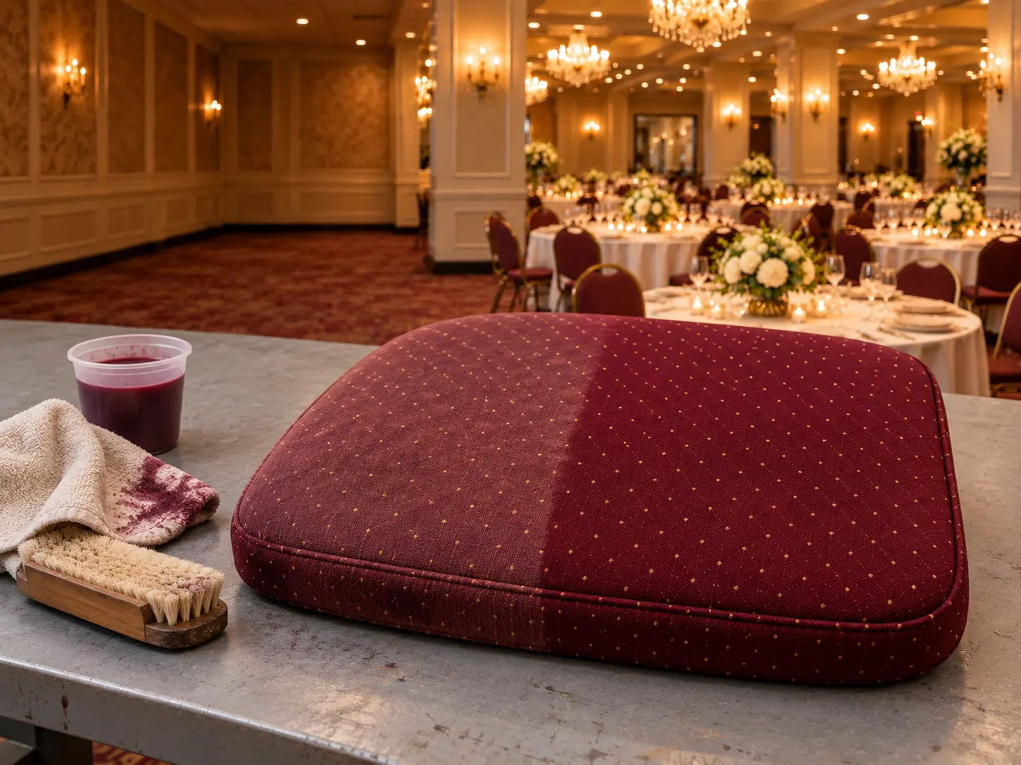 A banquet chair seat half cleaned and recolored