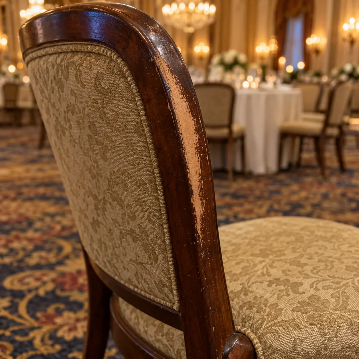 A banquet chair frame worn through to bare wood