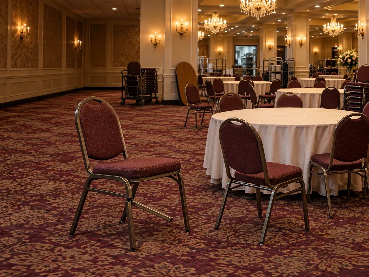 A broken banquet chair frame set aside from the stack