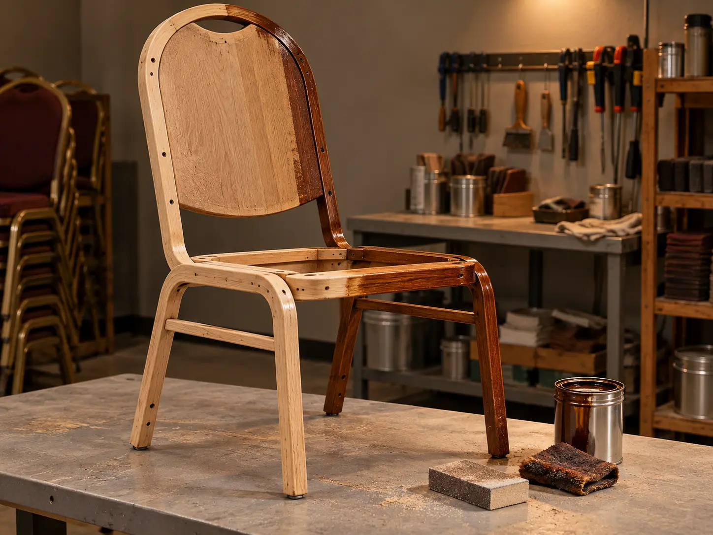 A banquet chair frame being refinished on a workshop bench