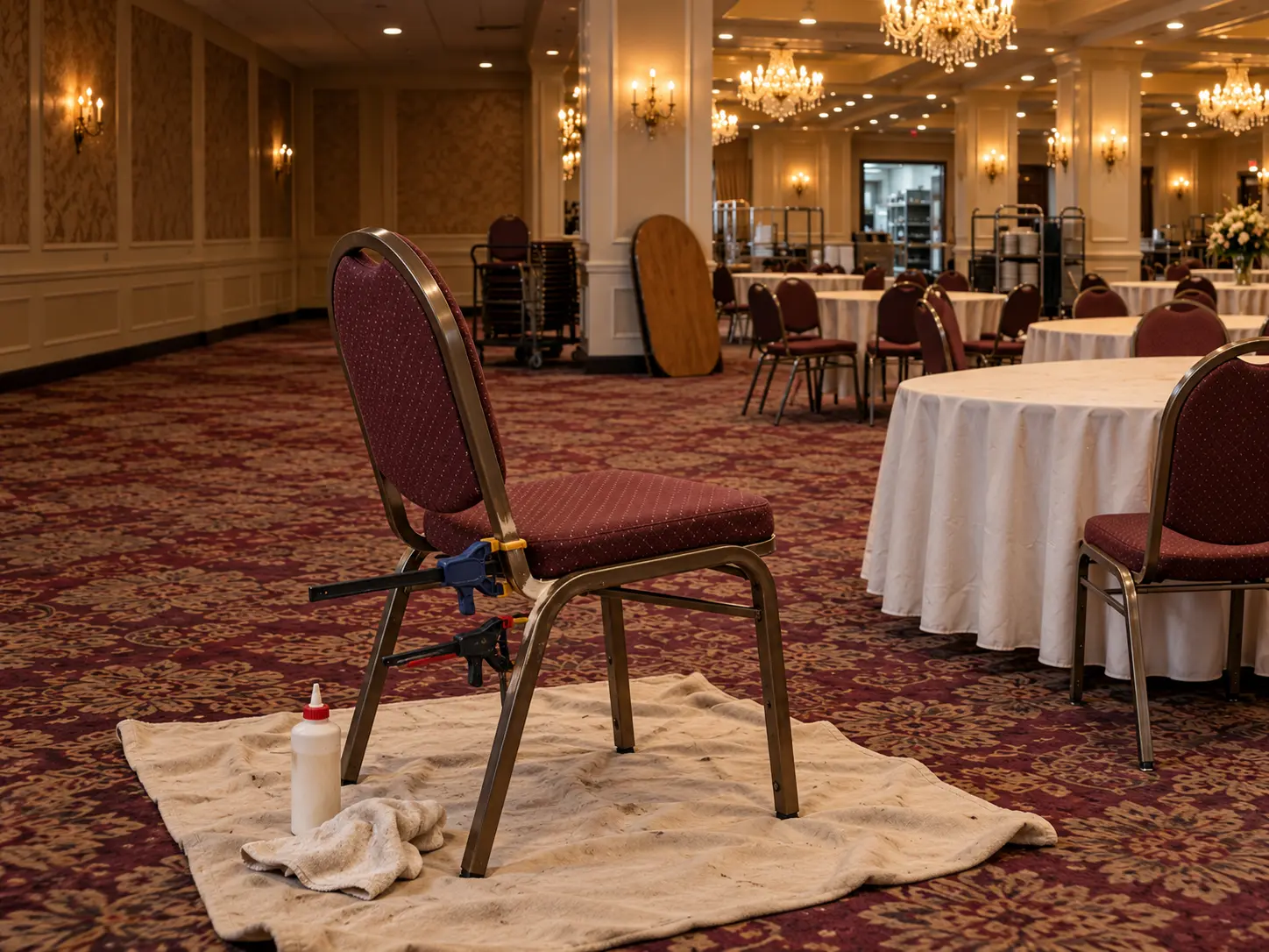 A banquet chair frame joint clamped while the glue sets