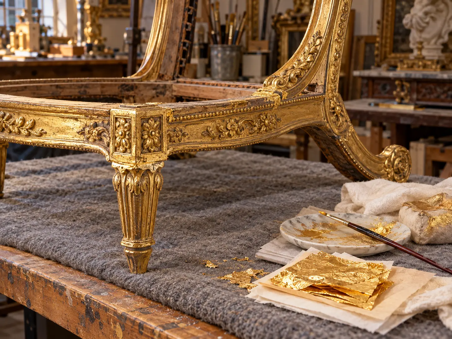 Gilding being touched in on a banquet chair frame