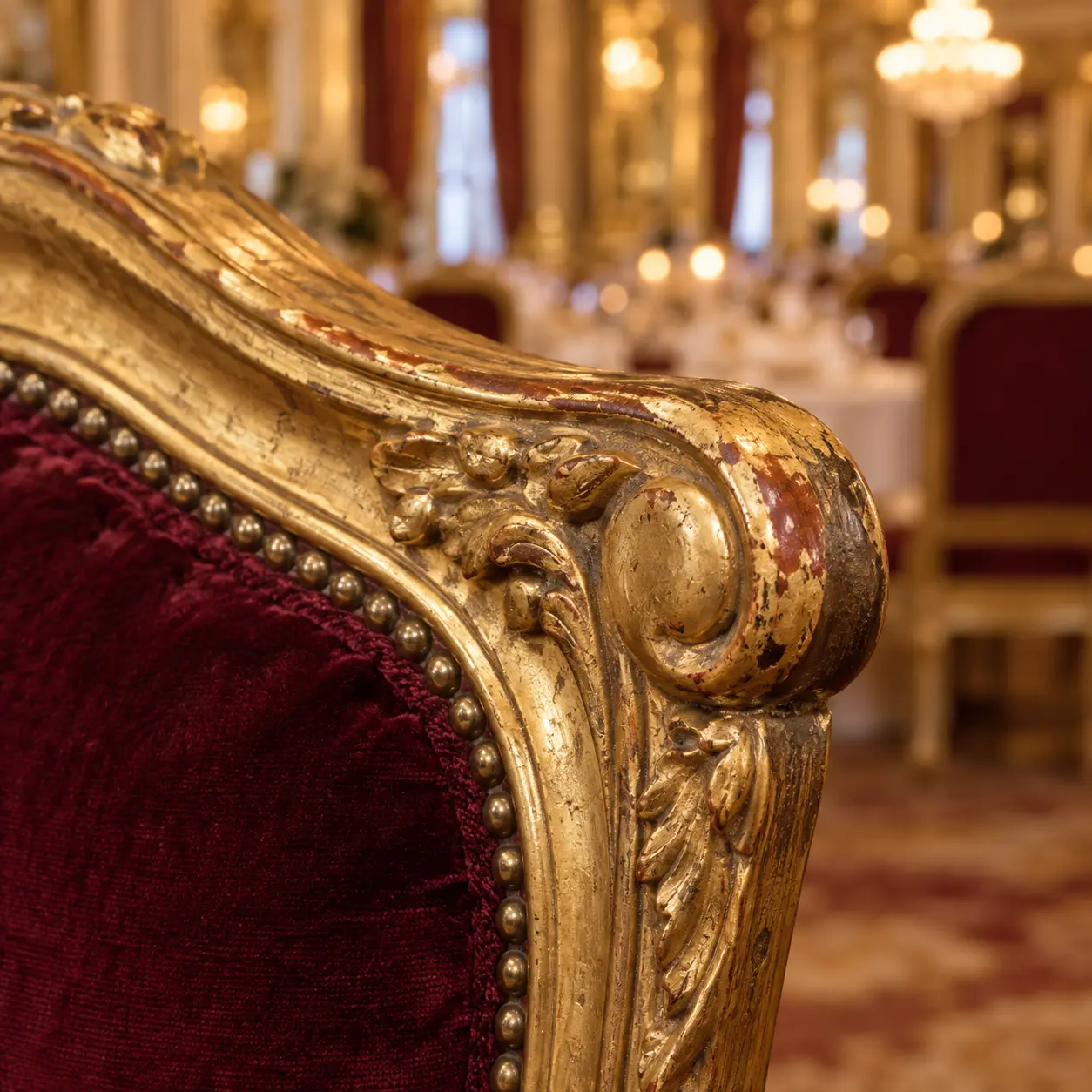 Gilt rubbed off the edge of a banquet chair frame