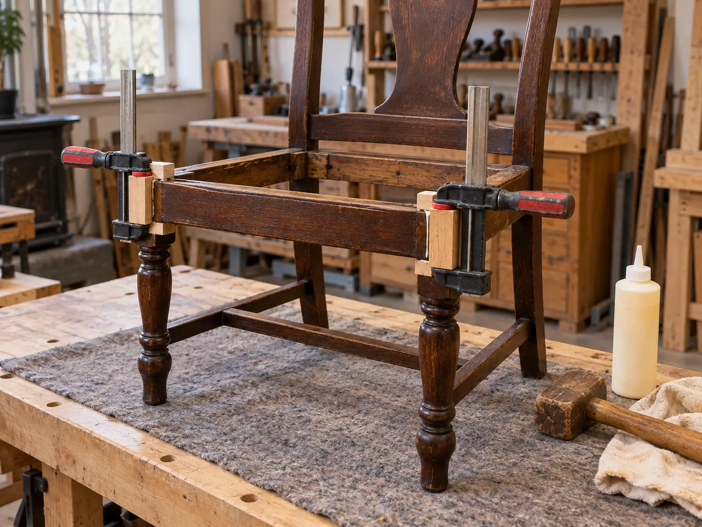 A banquet chair joint being re-glued during restoration