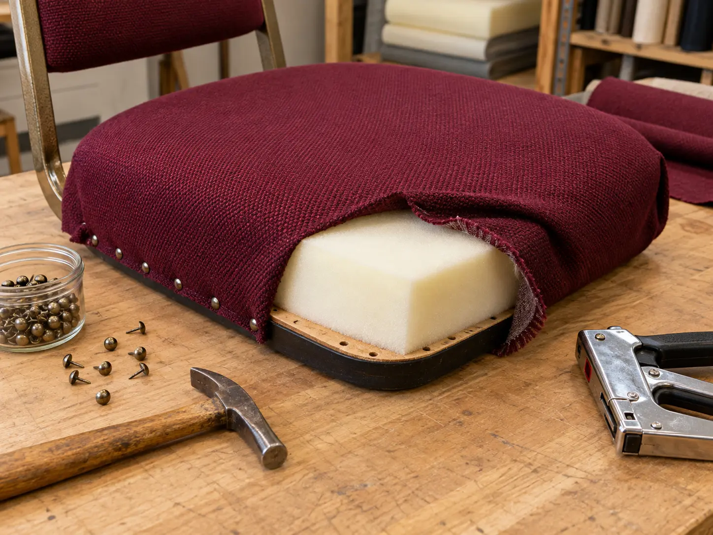 New foam and a fitted cover on a banquet chair seat