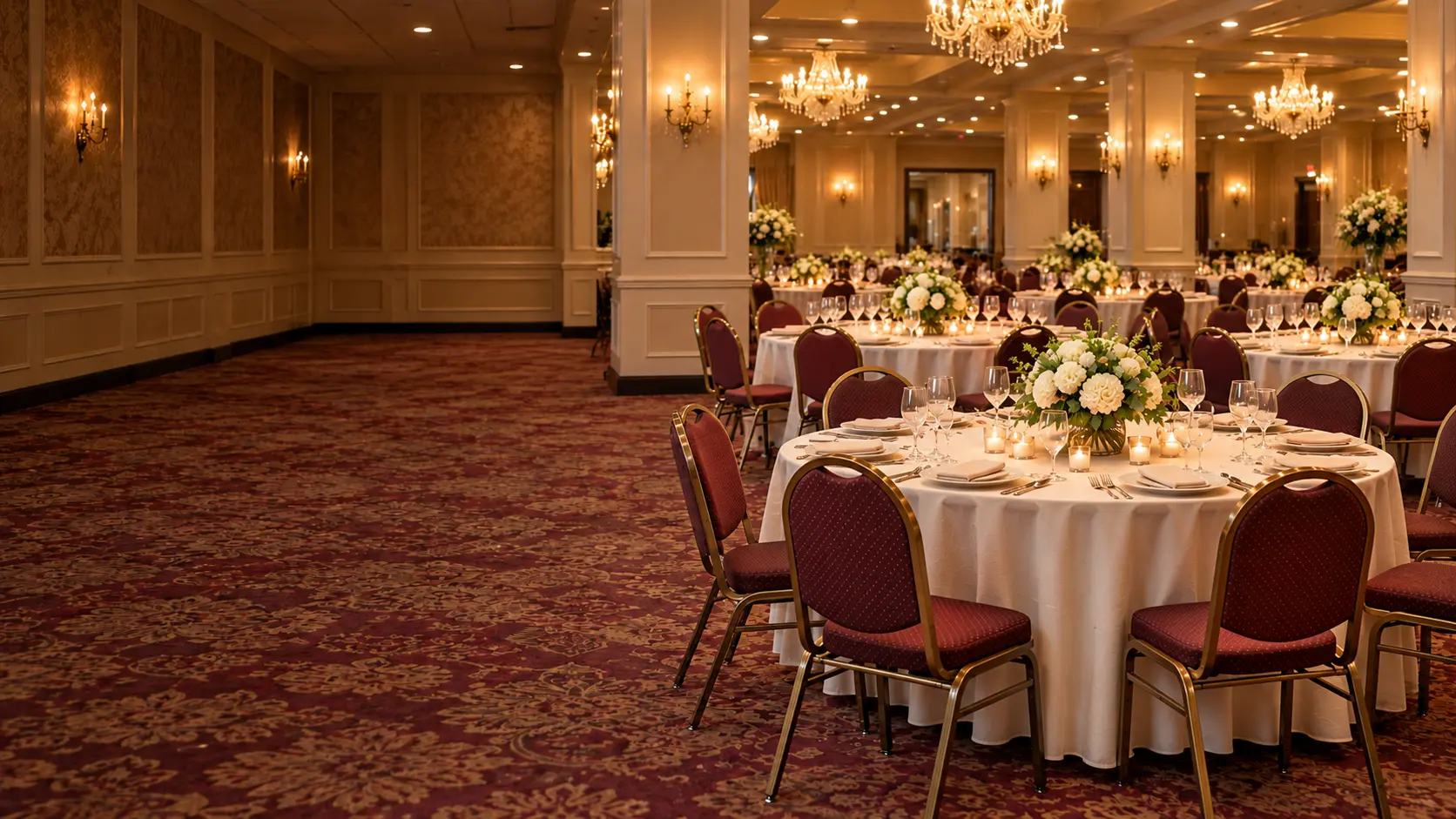 Banquet chair restoration in NYC: a ballroom of restored chairs with refinished frames under warm light