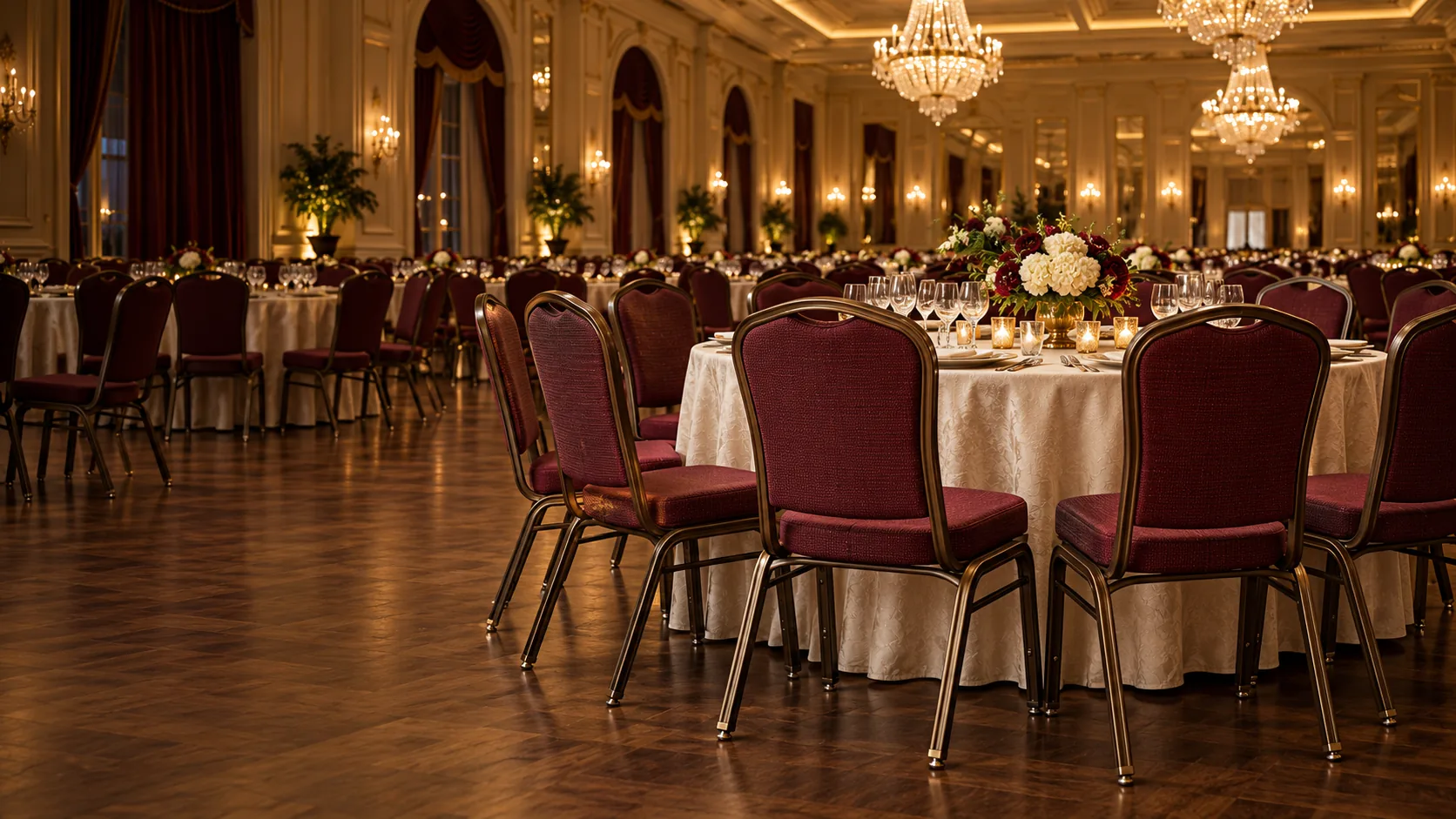 Banquet chair reupholstery in NYC: a ballroom of freshly recovered banquet chairs under warm light