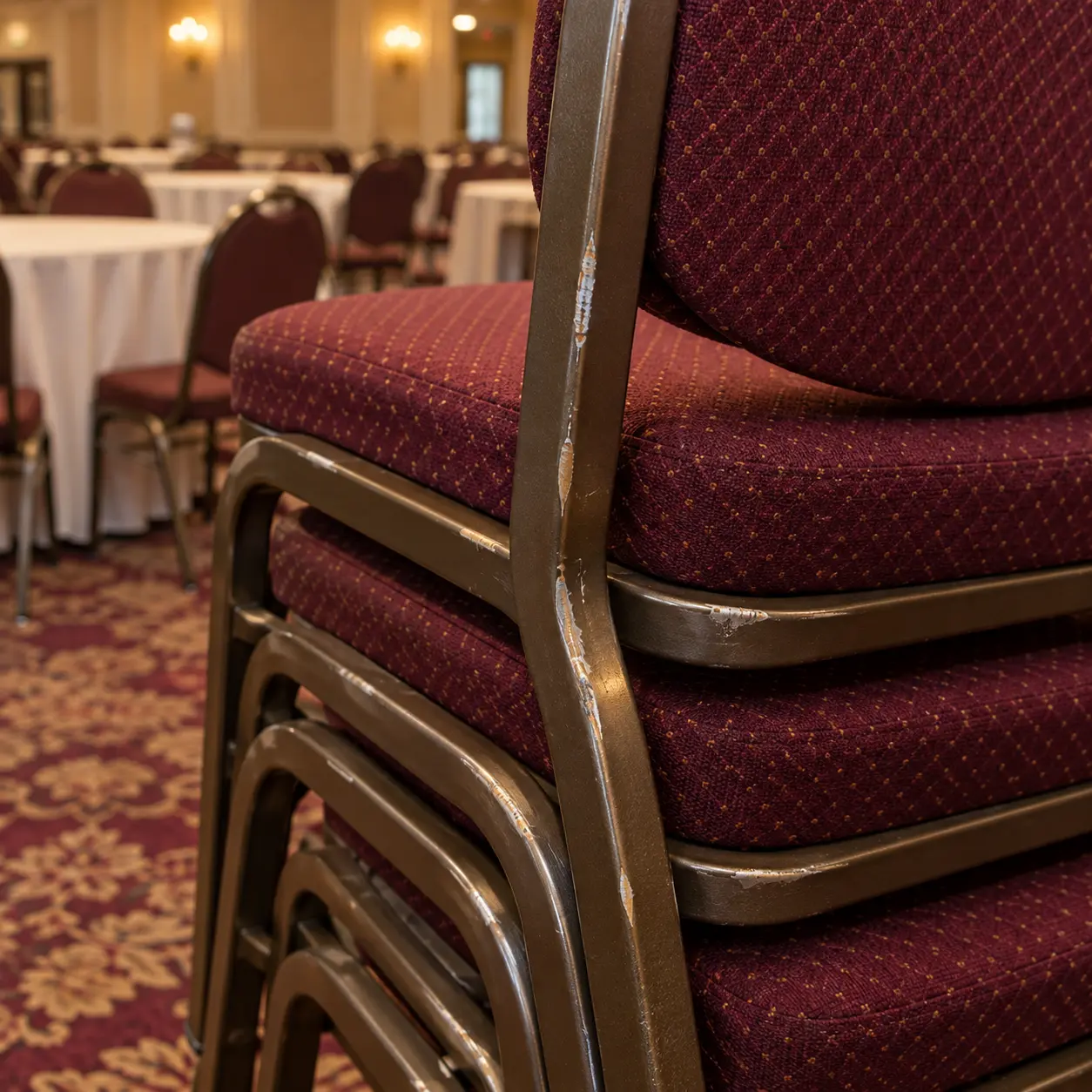 A scuffed, chipped frame finish on a banquet chair