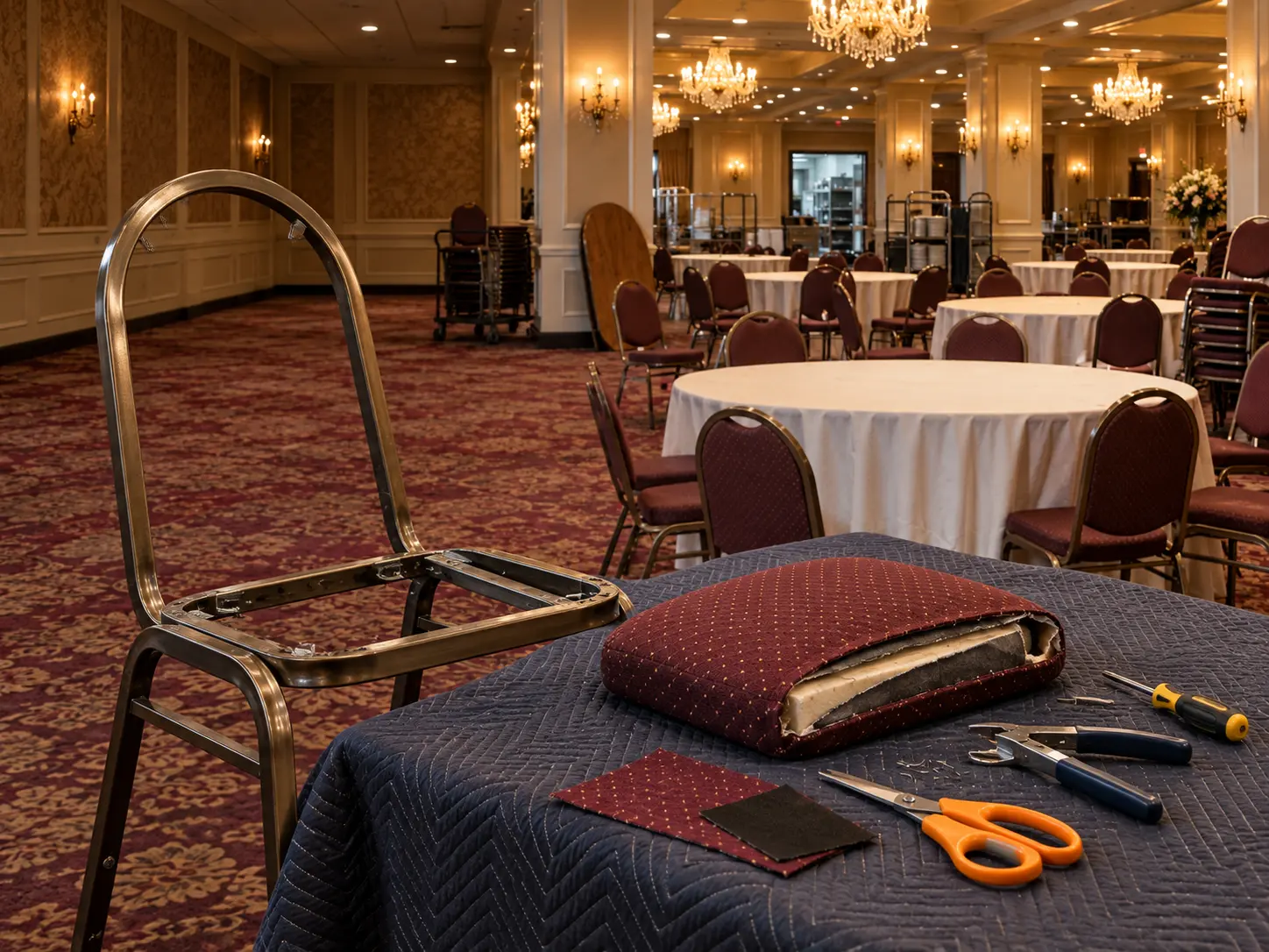 A banquet chair seat pad being repaired on a work blanket