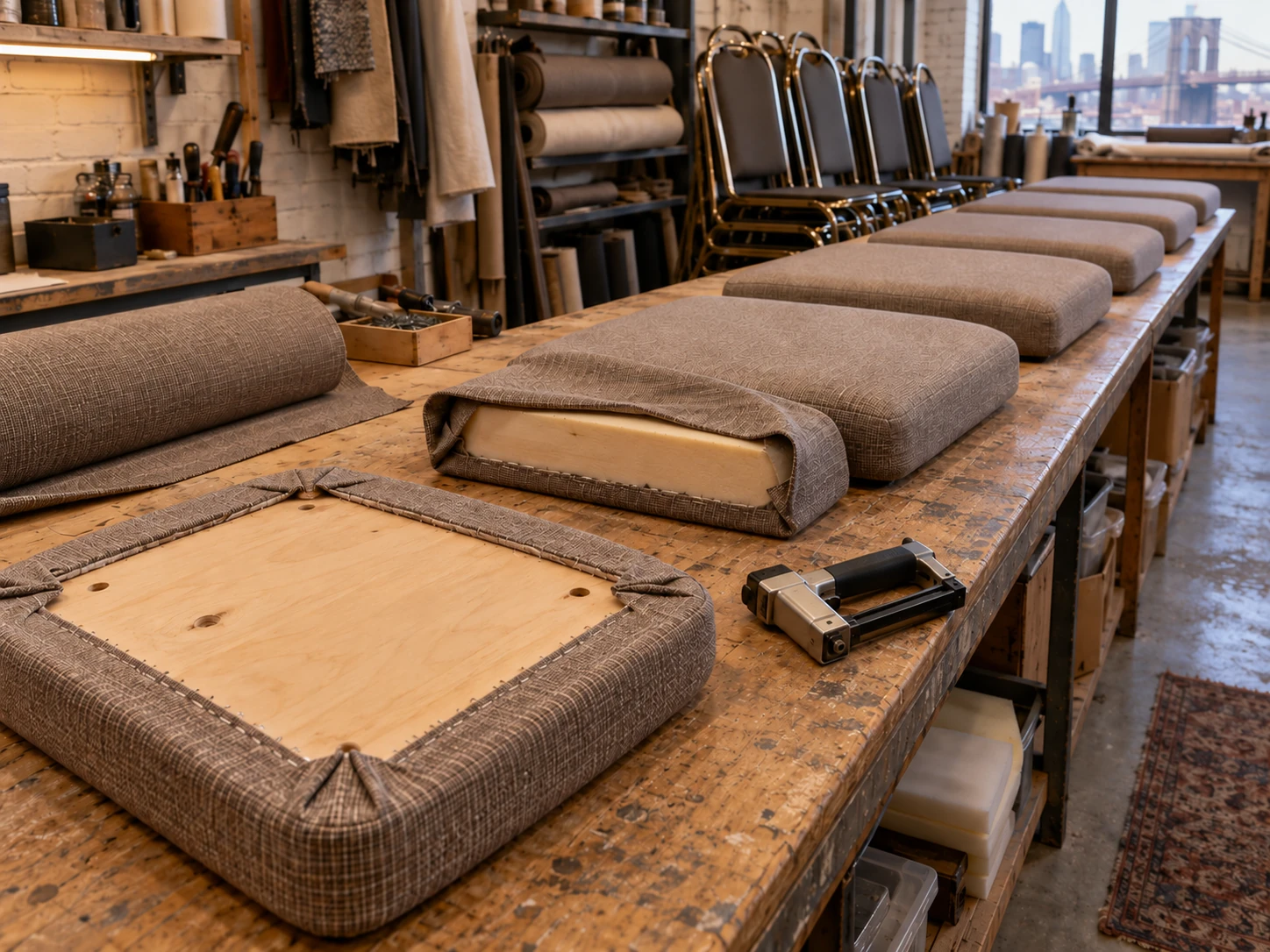 Banquet chair seat pads being recovered in the workshop