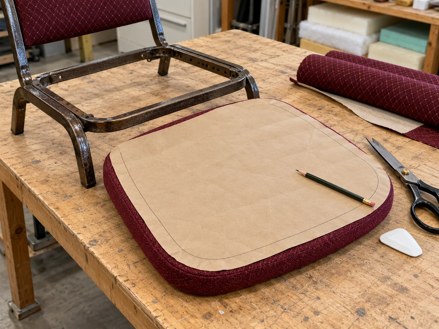A banquet chair seat being templated for a new cover