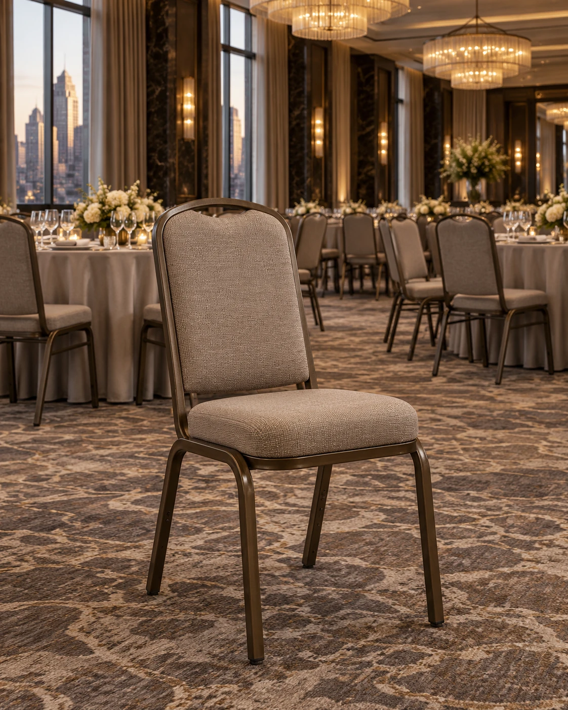 An upholstered banquet chair with seat and back pads