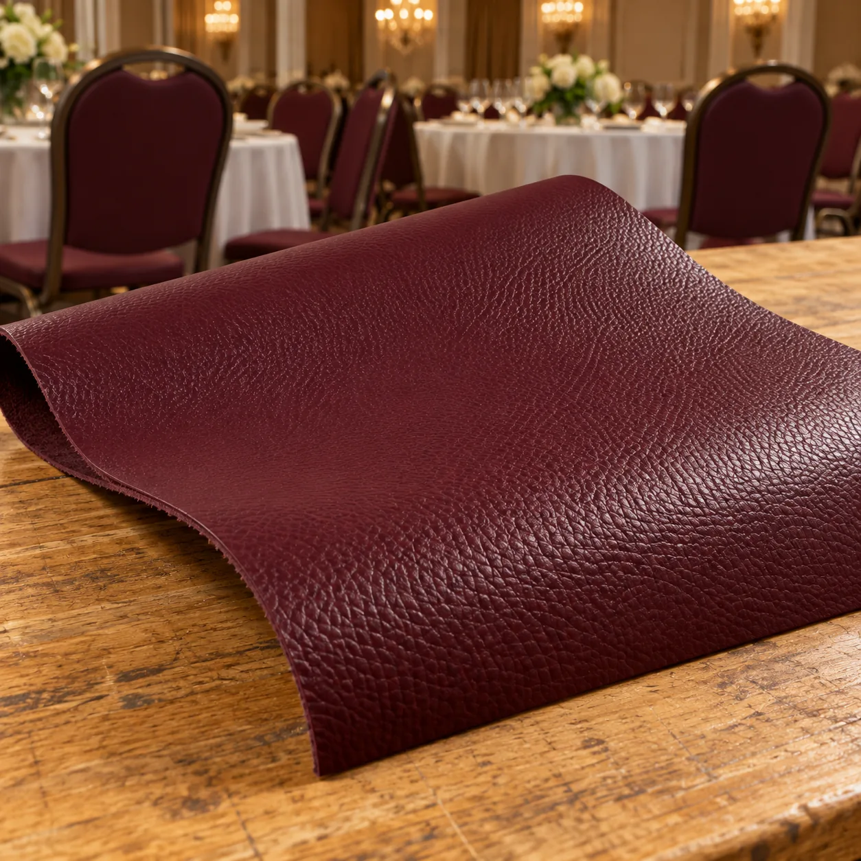 A close-up of upholstery vinyl for banquet chairs