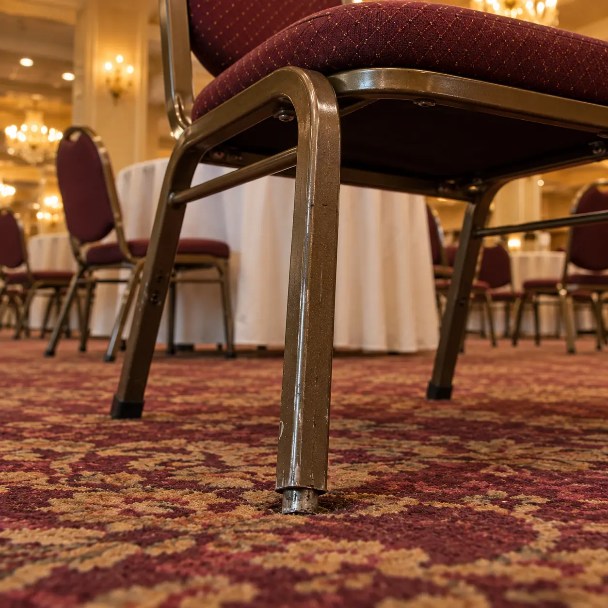 A broken floor glide under a banquet chair leg