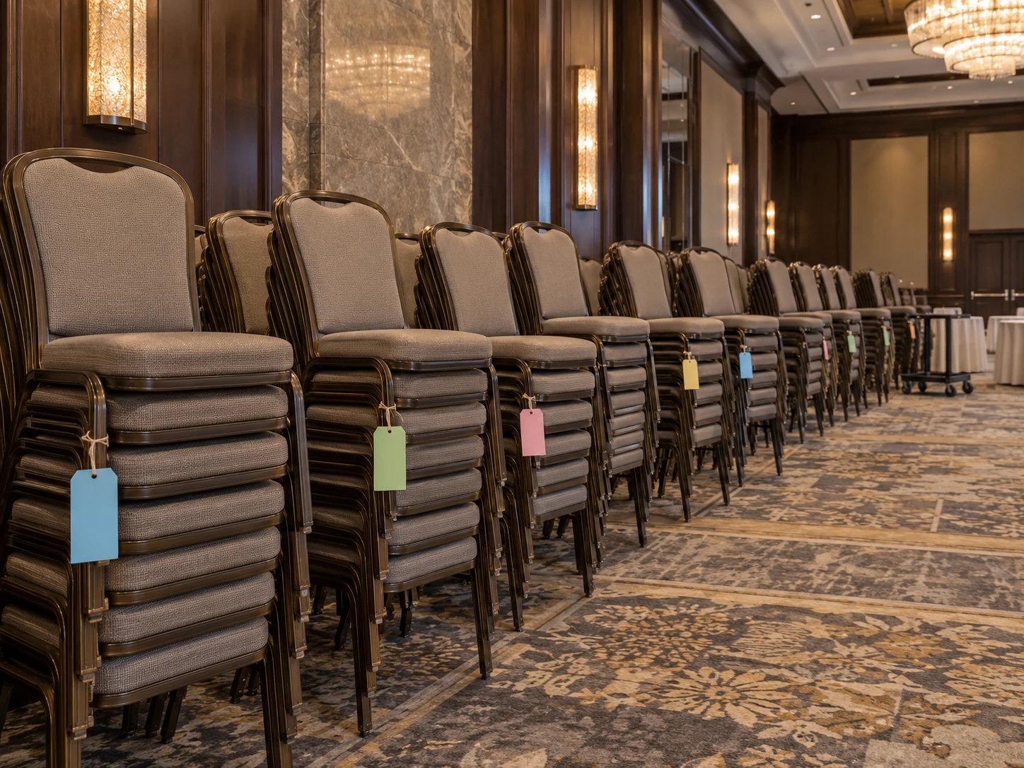 Banquet chairs tagged and counted in a stack line