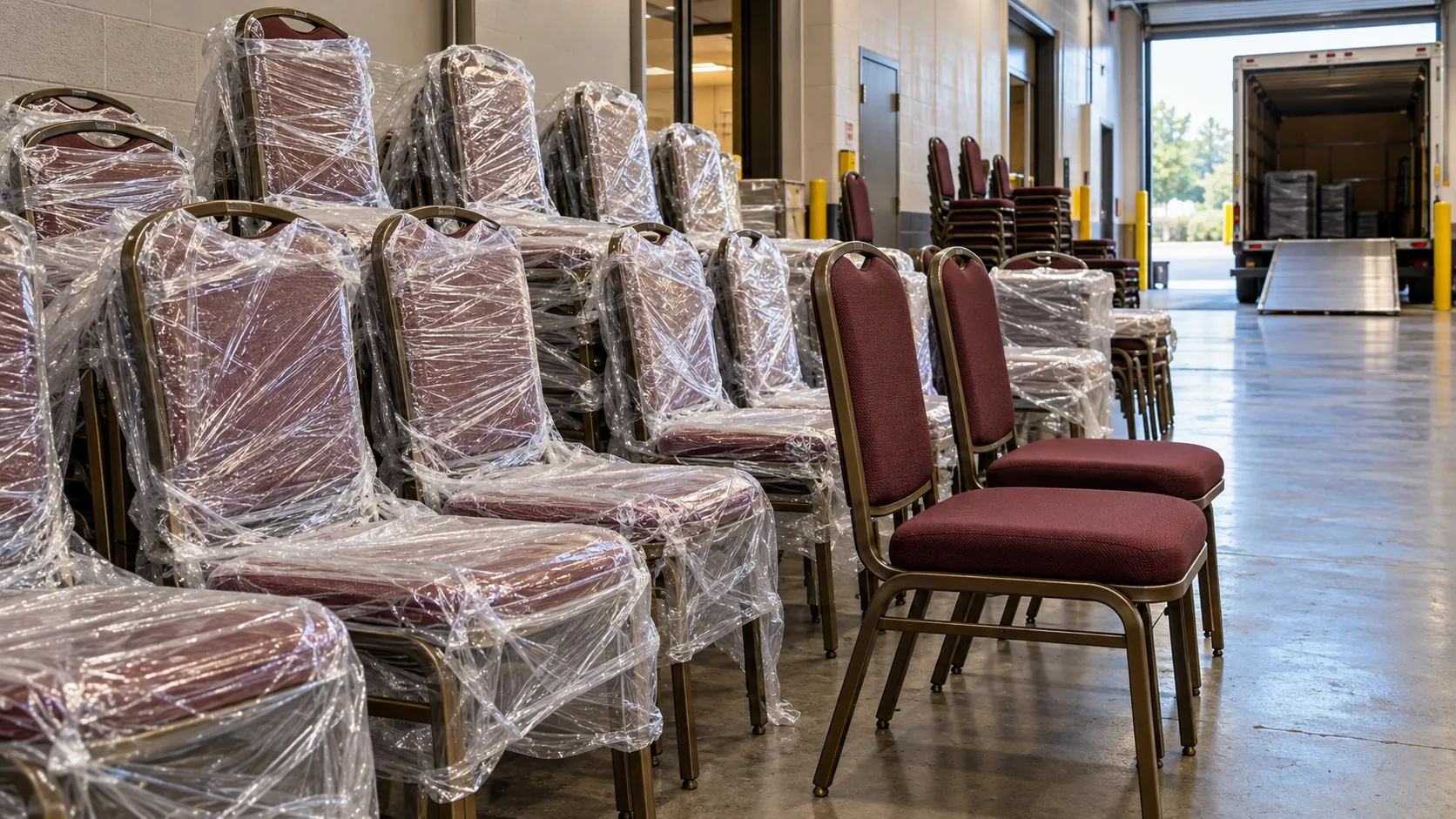 Wrapped banquet chairs staged by a loading dock during a reupholstery programme