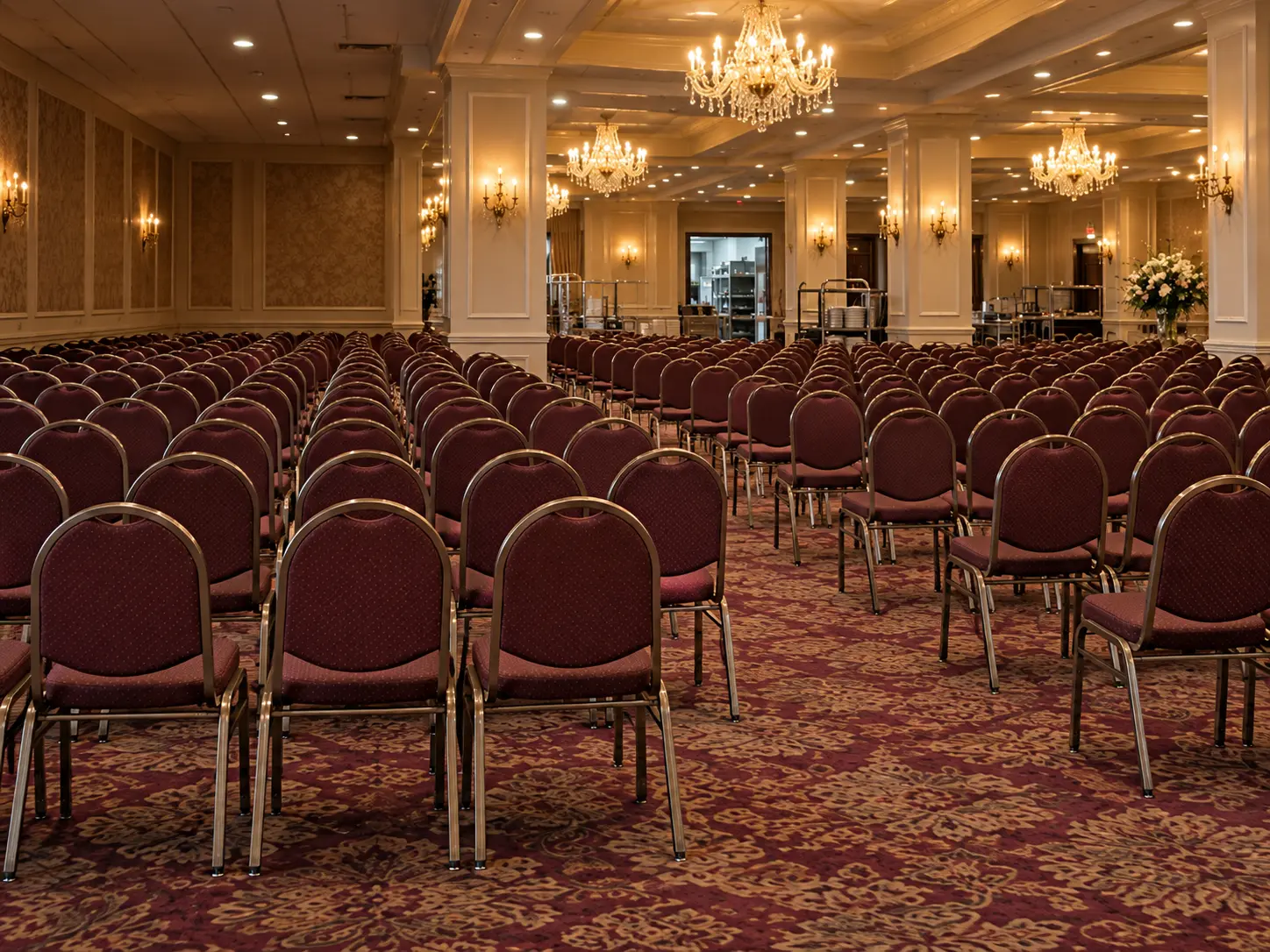 Rows of banquet chairs in a hall