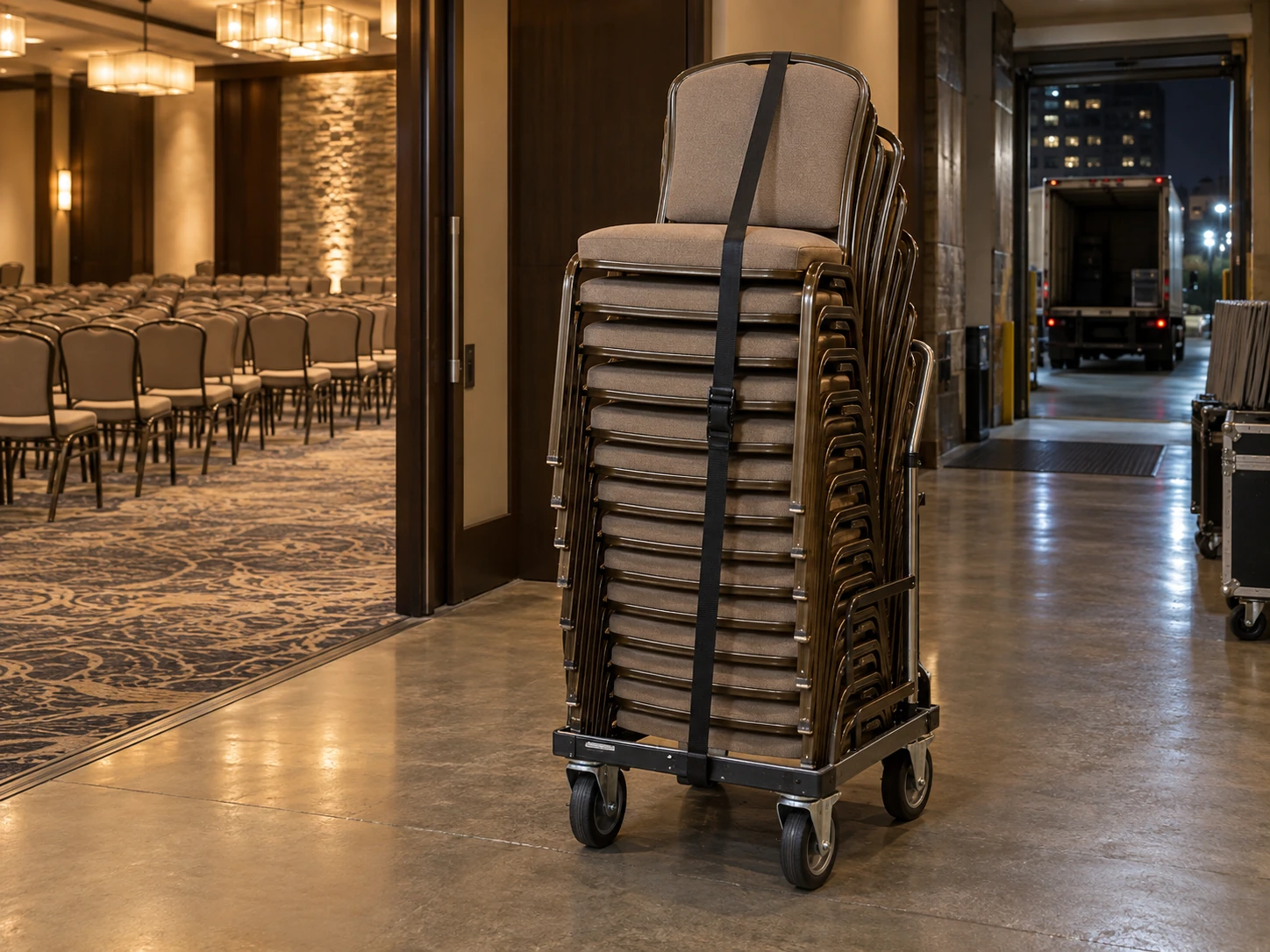 Banquet chairs strapped to a trolley at a loading dock