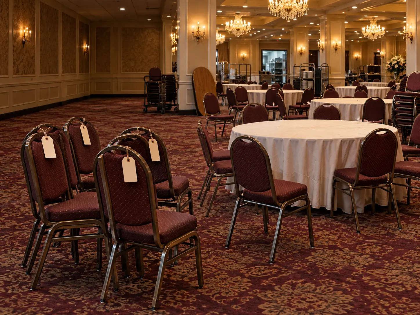 Banquet chairs pulled aside and tagged for repair