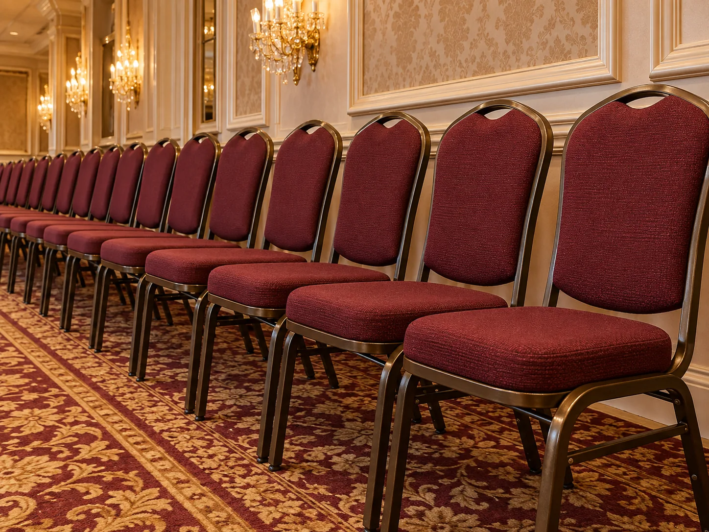A run of recovered banquet chairs in a hall