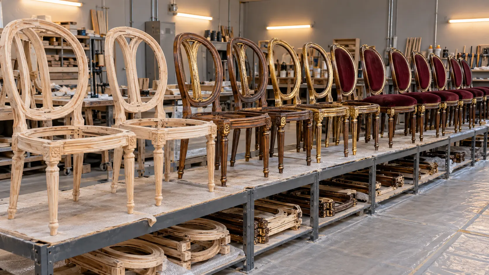 A long rack line of banquet chairs mid-restoration, some finished and some waiting