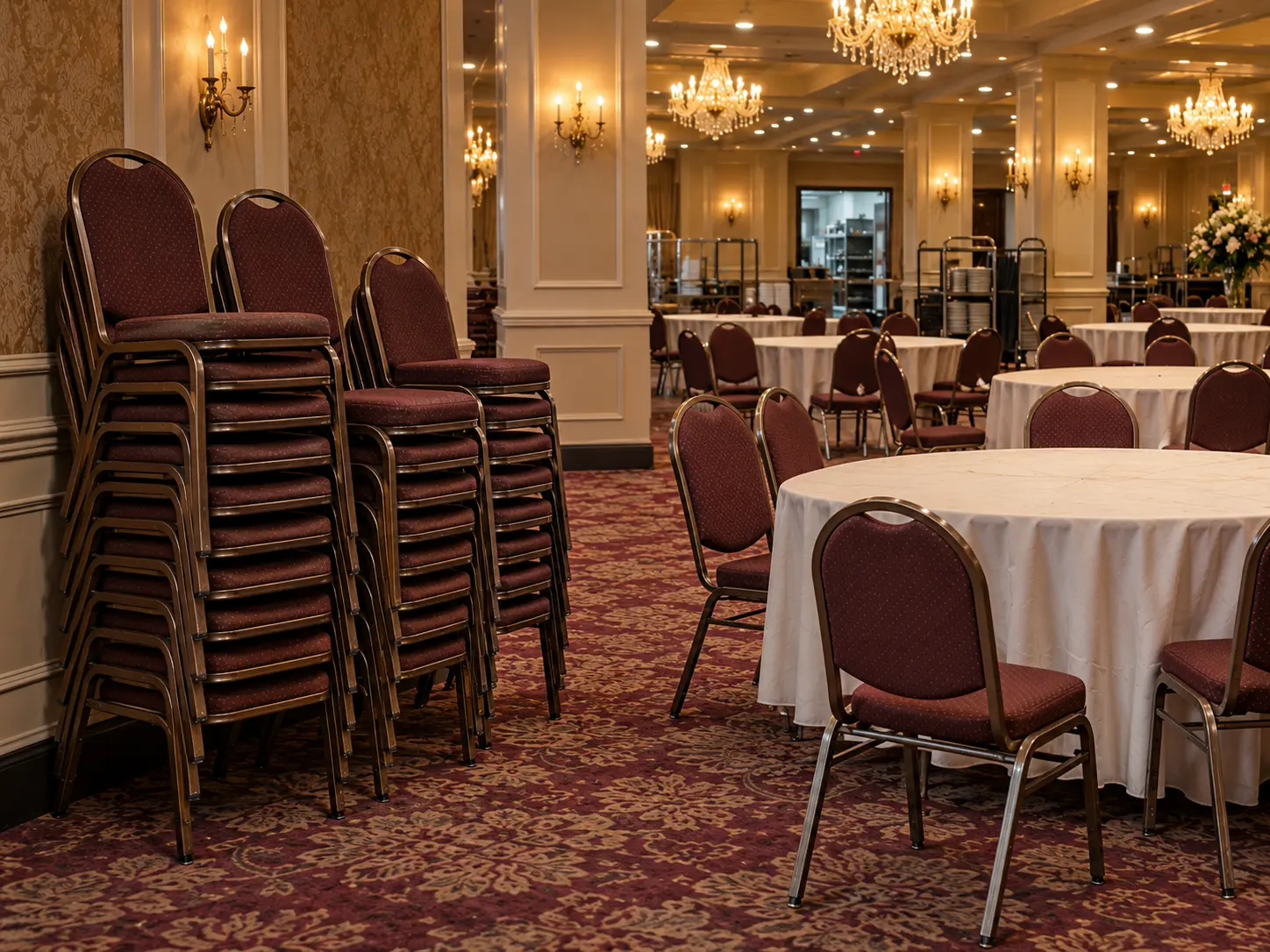 A stack of sound banquet chair frames with tired seats