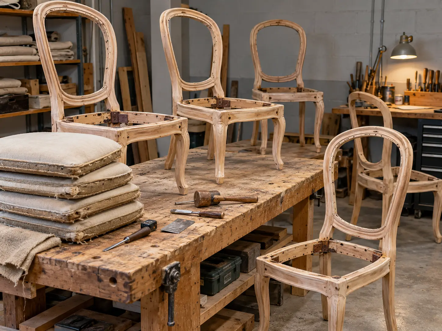 Stripped banquet chair frames on a workshop bench