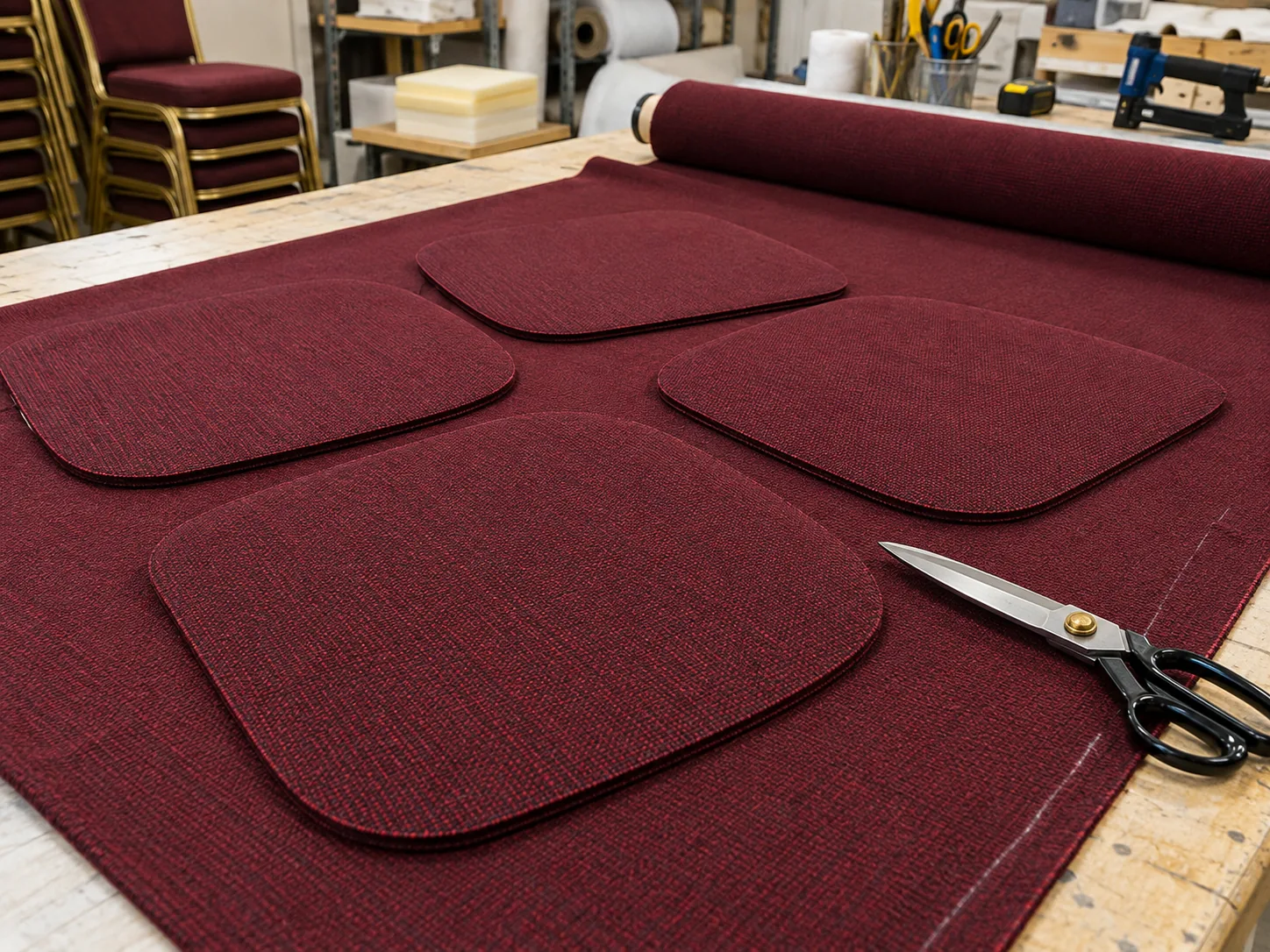 Banquet upholstery fabric being cut on a table