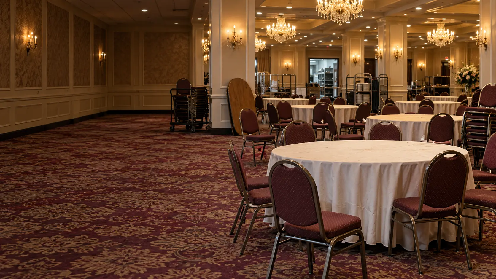 Banquet hall furniture repair in NYC: chairs pulled aside for repair in a banquet hall between events