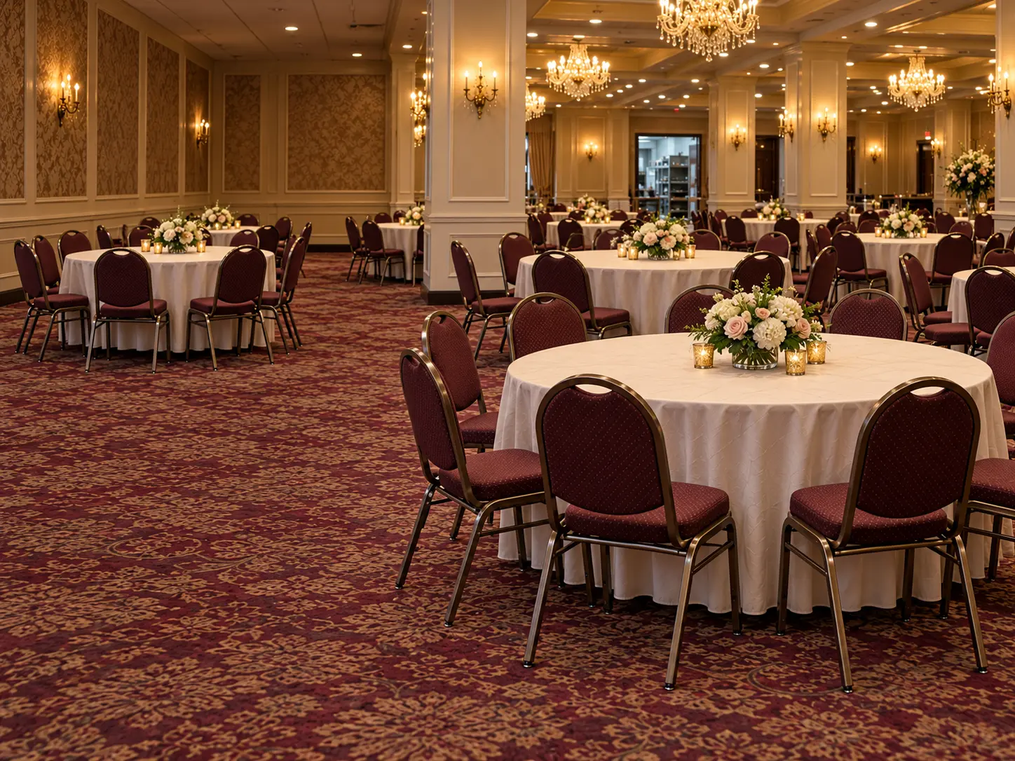 A banquet hall reset with repaired chairs after the work