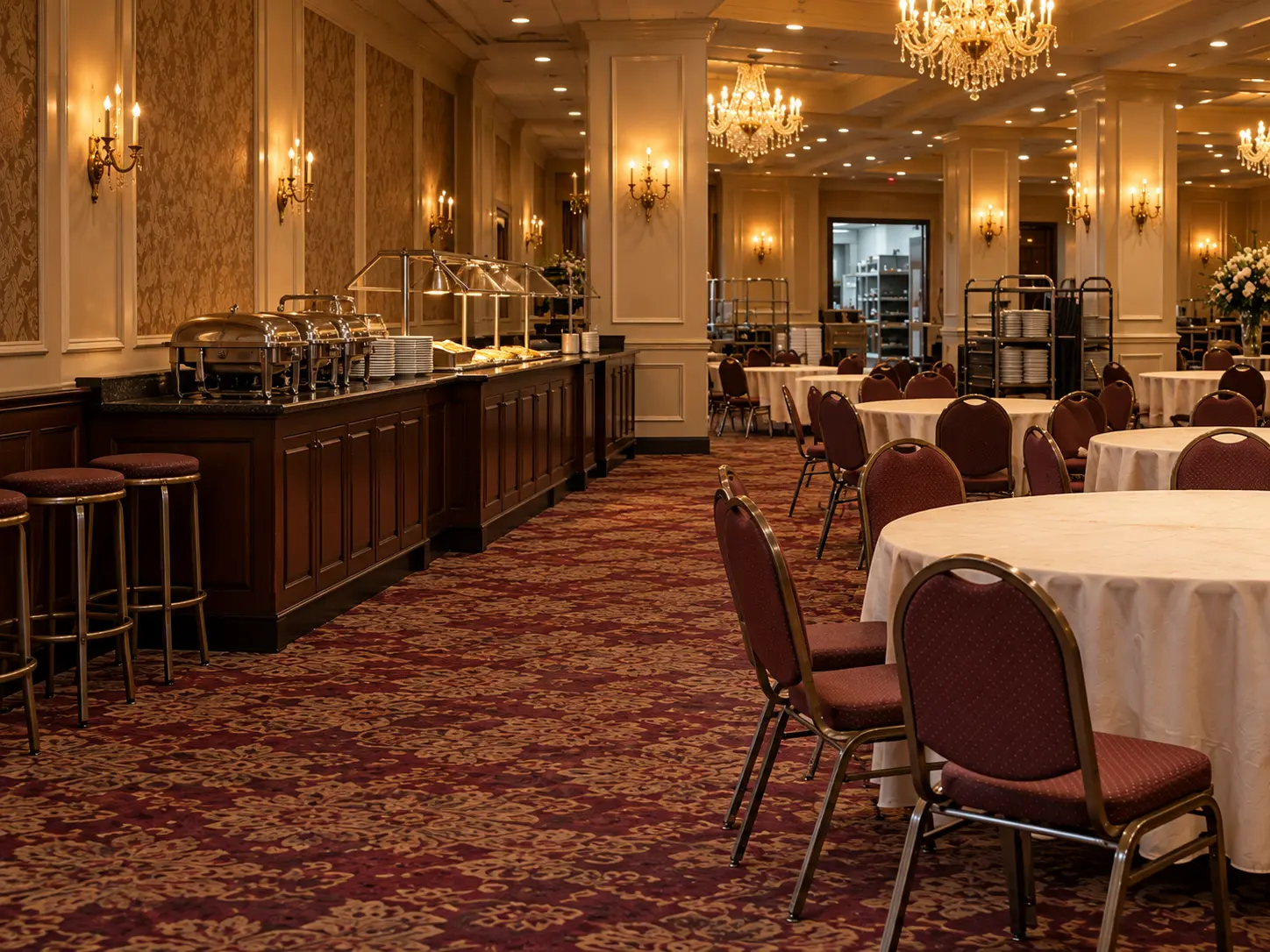 Service station furniture at the side of a banquet hall