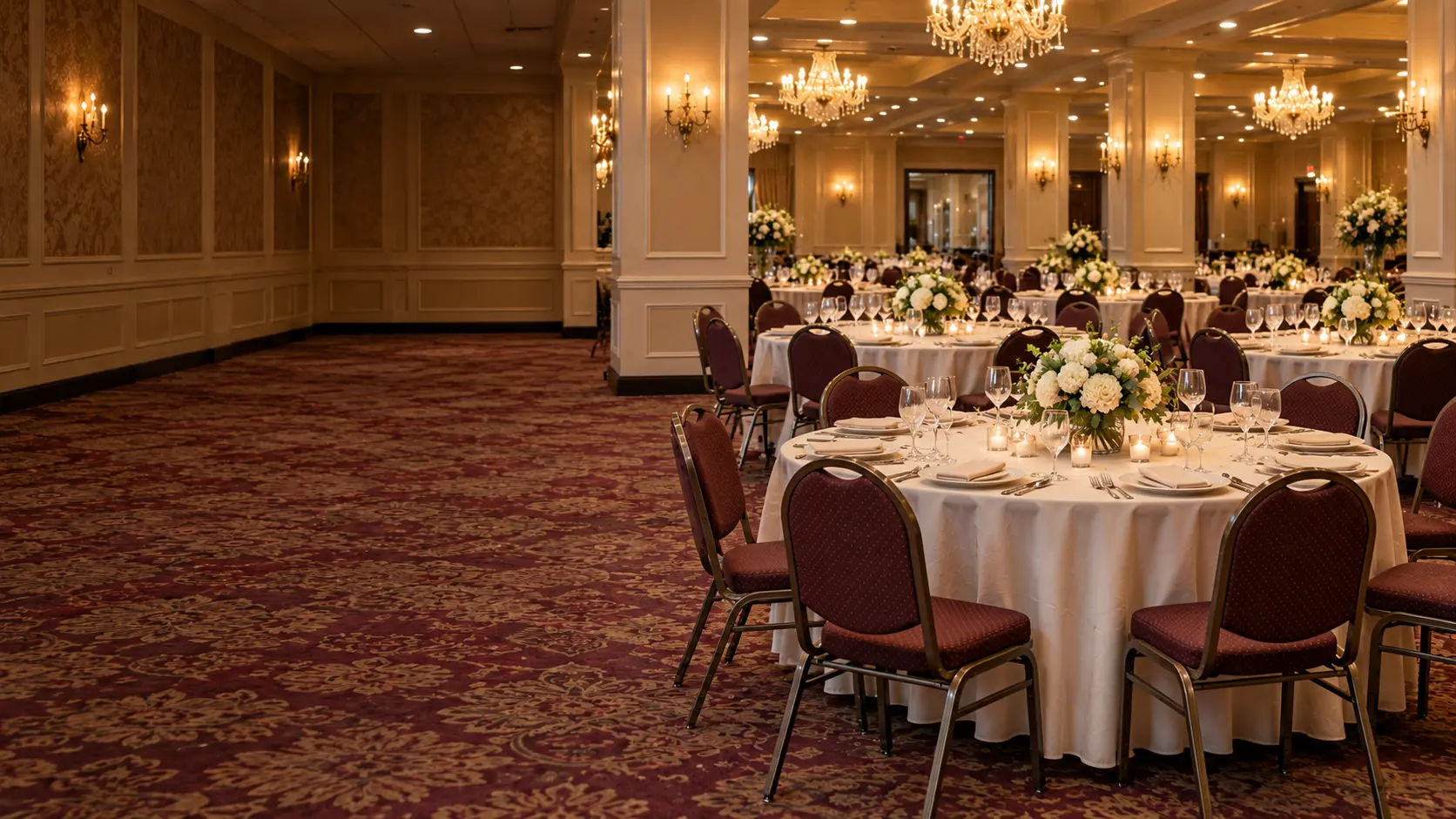 A banquet hall set for an event after the furniture repair work
