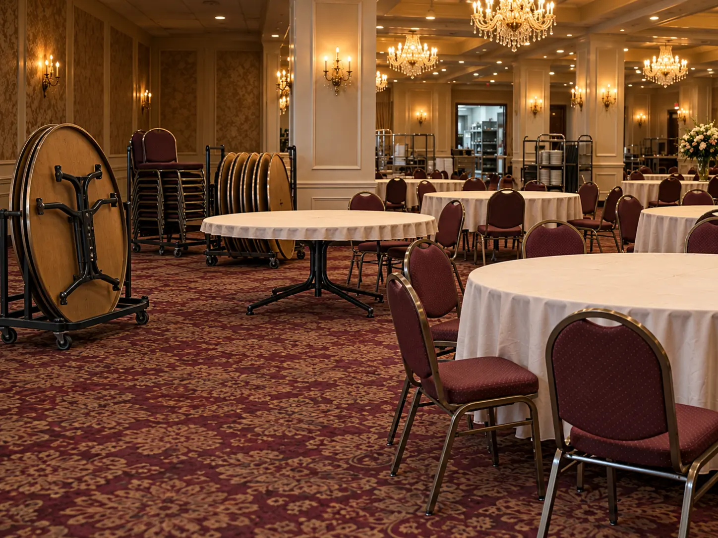 Round banquet tables and bases in a hall